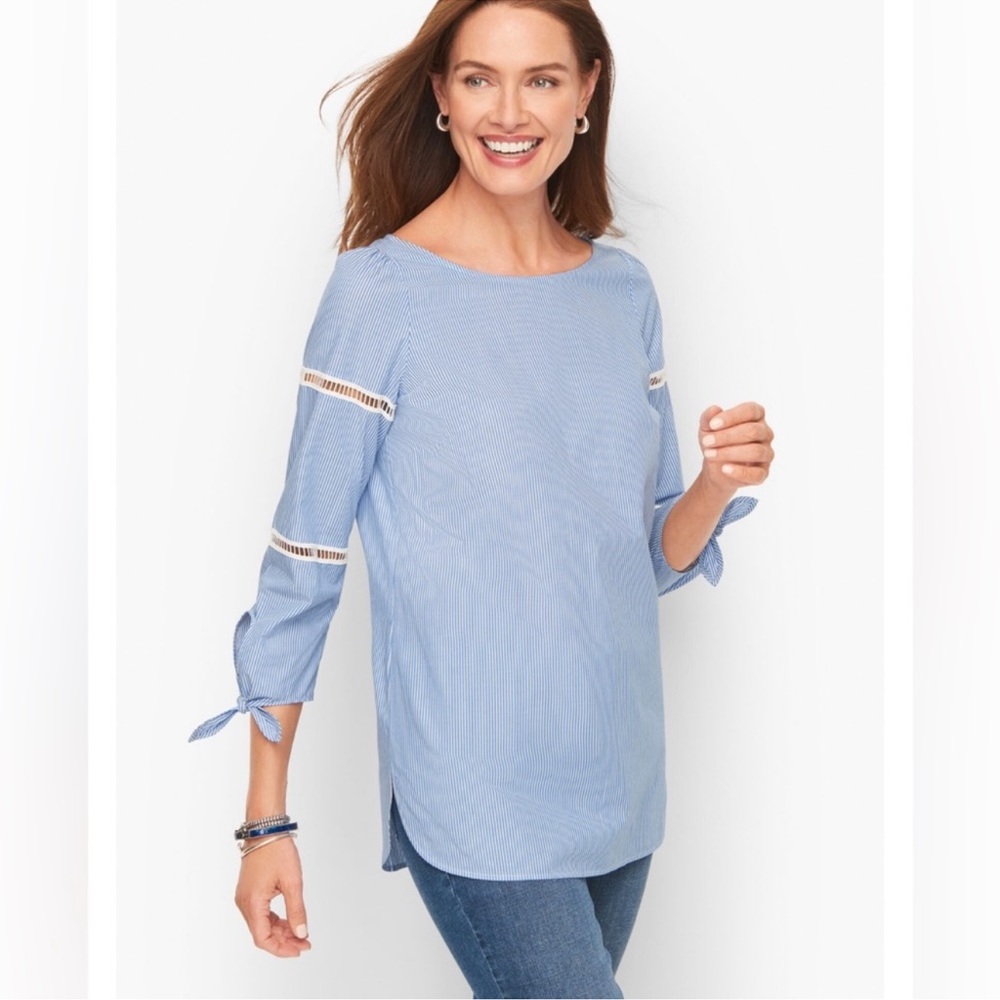 Talbots Tie Detail Poplin Top In Gentle Stripe Blue Size Medium Petite